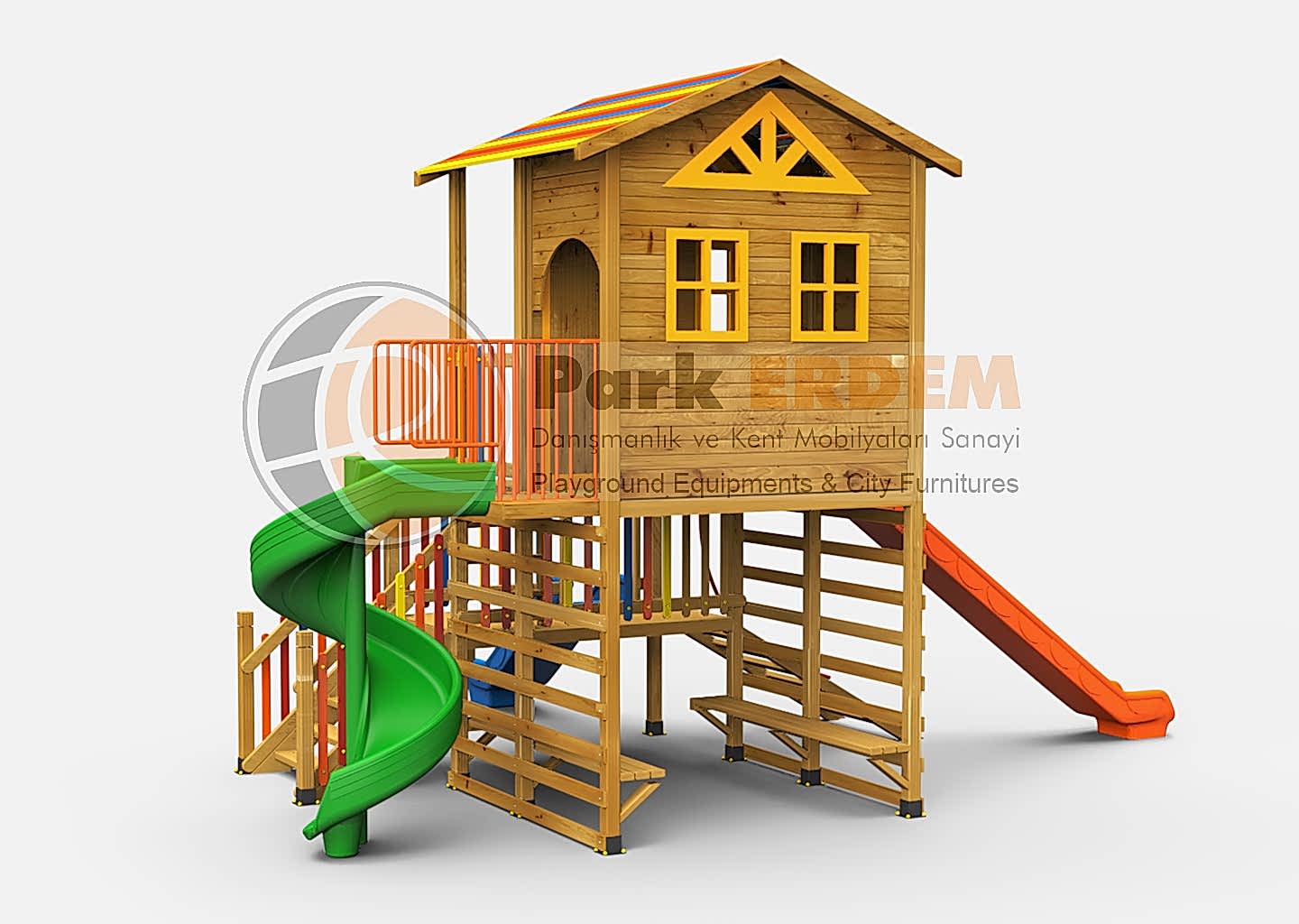 AHŞAP OYUN PARKI OYUN EVLİ - GENİŞ PLATFORMLU AHŞAP OYUN  EVİ 