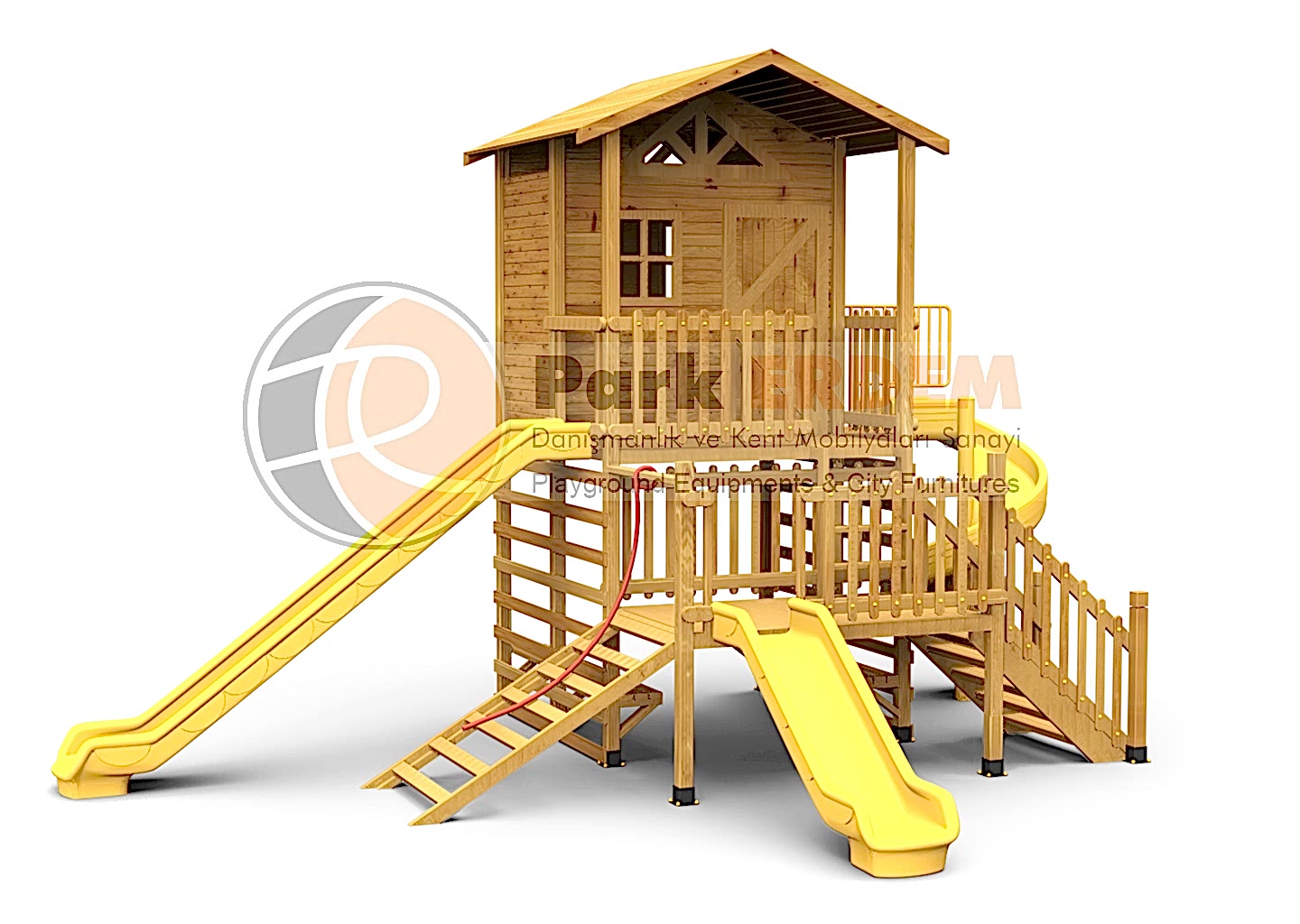 AHŞAP OYUN PARKI OYUN EVLİ - GENİŞ PLATFORMLU AHŞAP OYUN  EVİ 
